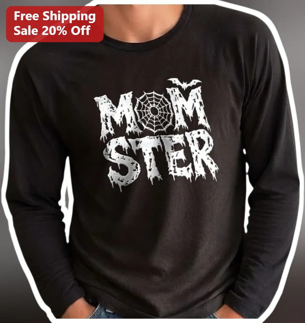 MOMSTER Long Sleeve Tee Halloween Spooky Mom Gift Black Distressed Spiderweb Bat Design available at our Los Angeles warehouse