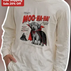 Moo Ha Ha The Highland Horror Vampire Cow Long Sleeve Tee Halloween Gift available at our Los Angeles warehouse