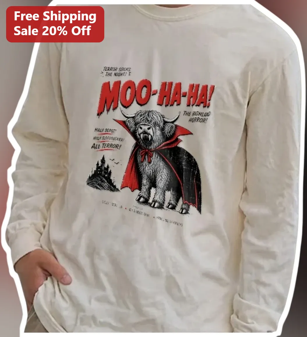 Moo Ha Ha The Highland Horror Vampire Cow Long Sleeve Tee Halloween Gift available at our Los Angeles warehouse
