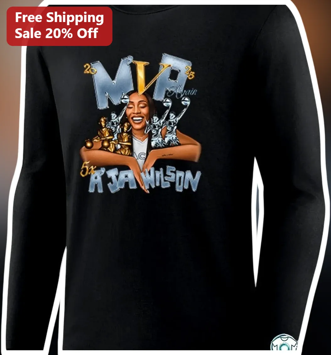 MVP Again 5x A'ja Wilson Long Sleeve Shirt WNBA Las Vegas Aces Fan Apparel available at our Los Angeles warehouse