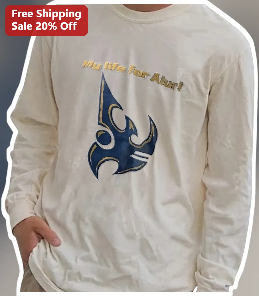 My Life for Aiur Long Sleeve Tee Protoss Gaming Apparel Vintage Distressed Gift for Gamers available at our Los Angeles warehouse