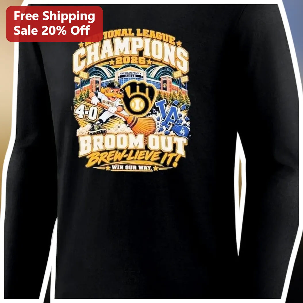 National League Champions Milwaukee Brewers Long Sleeve Tee Broom Out Brew-Lieve It Bernie Brewer Fa available at our Los Angeles warehouse