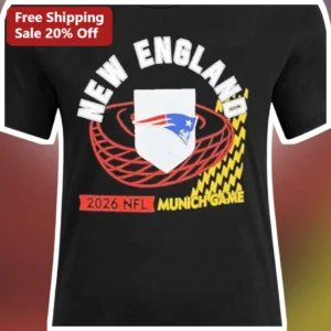 New England Patriots 2026 NFL Munich Game Tee Black Cotton Fan Gear available at our Los Angeles warehouse