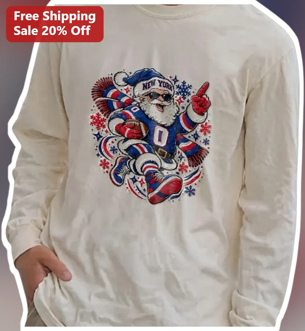 New York Santa Claus Football Long Sleeve Tee Funny Vintage Holiday Gift for Men Women available at our Los Angeles warehouse