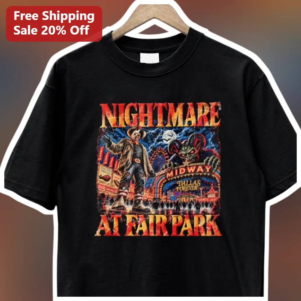 Nightmare at Fair Park Dallas Forever Horror Tee Halloween State Fair Graphic Shirt available at our Los Angeles warehouse
