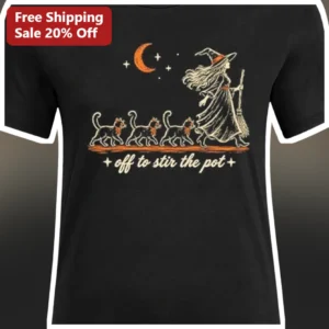 Off to Stir the Pot Tee Witch Black Cats Halloween Vintage Graphic Shirt available at our Los Angeles warehouse
