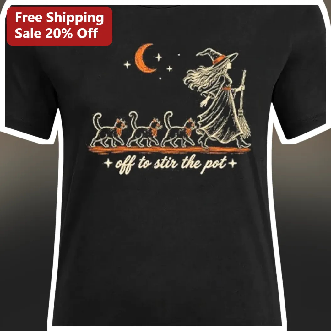 Off to Stir the Pot Tee Witch Black Cats Halloween Vintage Graphic Shirt available at our Los Angeles warehouse