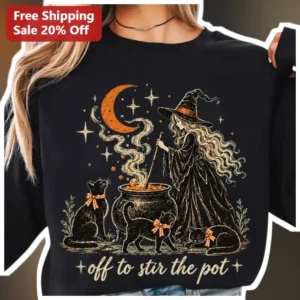 Off To Stir The Pot Witch Sweatshirt Vintage Halloween Black Cat Lover Gift available at our Los Angeles warehouse