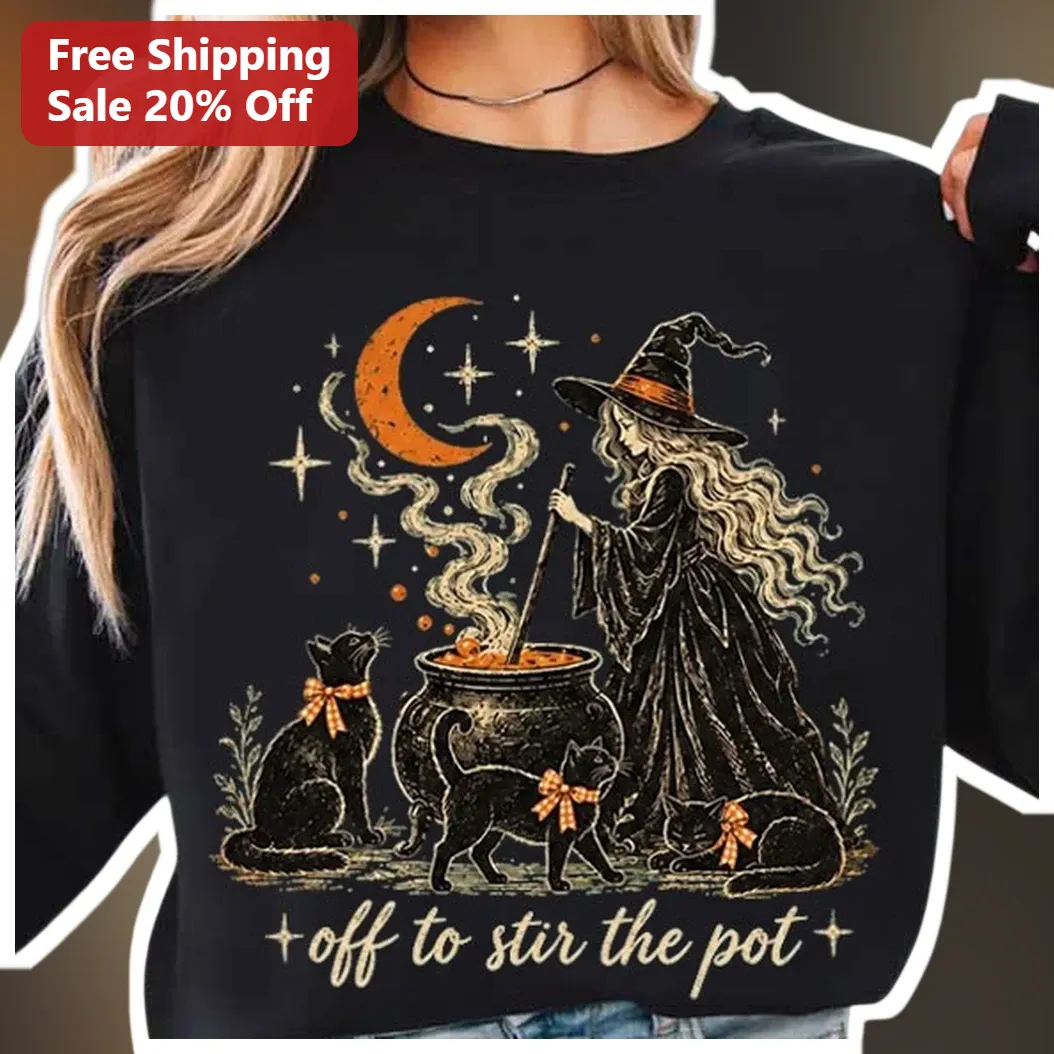Off To Stir The Pot Witch Sweatshirt Vintage Halloween Black Cat Lover Gift available at our Los Angeles warehouse