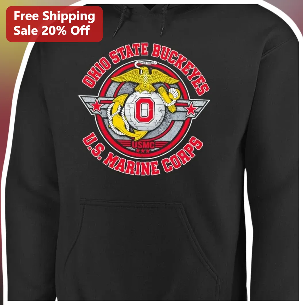 Ohio State Buckeyes Marine Corps Hoodie OSU USMC Veteran Gift Black Pullover available at our Los Angeles warehouse