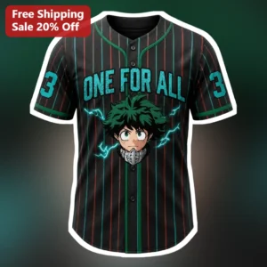 ONE FOR ALL Jersey Deku My Hero Academia Anime Baseball Shirt available at our Los Angeles warehouse