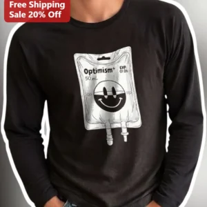 Optimism+ IV Bag Graphic Tee Black Long Sleeve Medical Humor Shirt for Healthcare Workers available at our Los Angeles warehouse