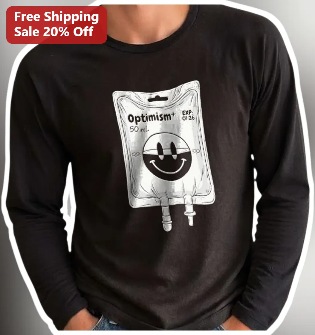 Optimism+ IV Bag Graphic Tee Black Long Sleeve Medical Humor Shirt for Healthcare Workers available at our Los Angeles warehouse