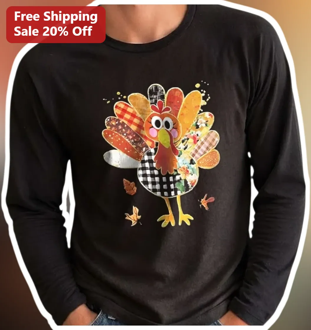 Patchwork Turkey Long Sleeve Tee Thanksgiving Fall Gift for — Los Angeles Patchwork Turkey Long Sleeve Tee Thanksgiving Fall Gift for Women available at our Los Angeles warehouse