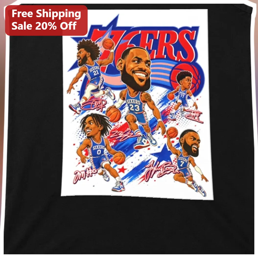 Philadelphia 76ers Players Basketball Caricature Graphic Tee for Men Women NBA Fans available at our Los Angeles warehouse