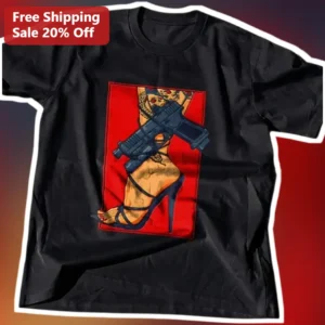 Pin-up Gun Tattoo Leg Graphic Tee Edgy Neo-Traditional Art Shirt for Women Men available at our Los Angeles warehouse