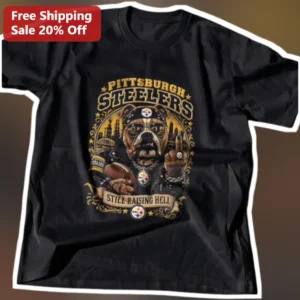 Steelers Still Raising Hell Tee Biker Bulldog Graphic Shirt for Men Women available at our Los Angeles warehouse