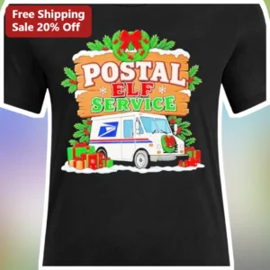 Postal Elf Service Christmas USPS Mail Truck Graphic Tee for Postal Workers available at our Los Angeles warehouse