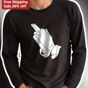 Prayer Hands Flipping Off Graphic Long Sleeve Tee Funny Middle Finger Sarcastic Religious Humor Gift available at our Los Angeles warehouse