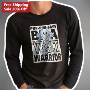 PUK-PUK SAYS BATTLE WARRIOR Graphic Tee Walter Van Beirendonck Style Cartoon Robot Shirt available at our Los Angeles warehouse