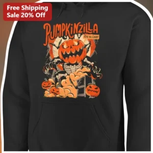 Pumpkinzilla Fear the Gourdo Halloween Hoodie Funny Pumpkin Monster Graphic Sweatshirt available at our Los Angeles warehouse