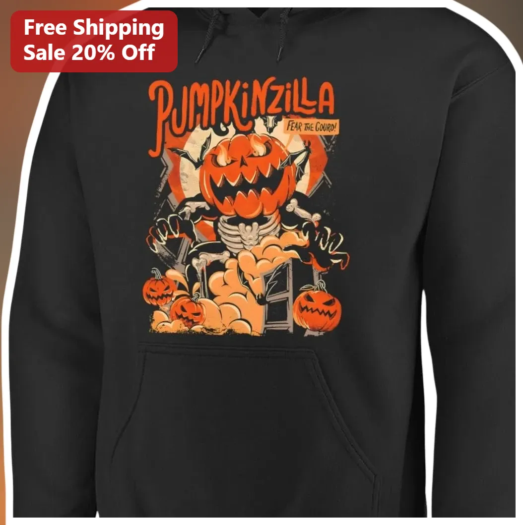 Pumpkinzilla Fear the Gourdo Halloween Hoodie Funny Pumpkin Monster Graphic Sweatshirt available at our Los Angeles warehouse
