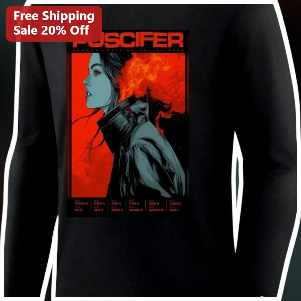 PUSCIFER Long Sleeve Shirt Alternative Rock Band Merch Vintage Tour Poster Graphic Tee Gift for Men available at our Los Angeles warehouse