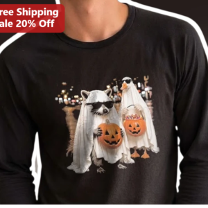 Raccoon and Duck Halloween Ghost Costume Long Sleeve Tee Funny Animal Trick or Treat Shirt Gift available at our Los Angeles warehouse