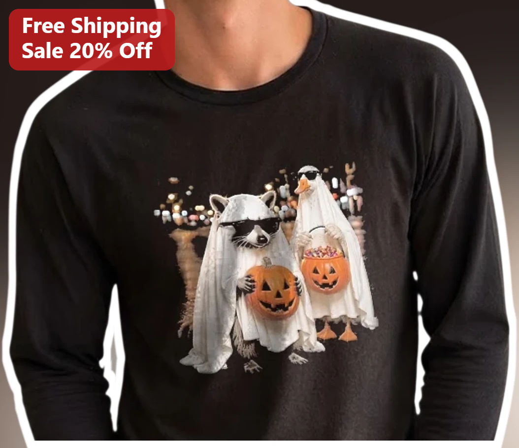 Raccoon and Duck Halloween Ghost Costume Long Sleeve Tee Funny Animal Trick or Treat Shirt Gift available at our Los Angeles warehouse