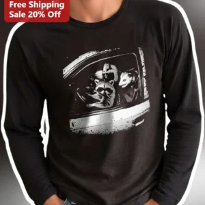 Raccoon and Opossum Driving Car Long Sleeve Tee Funny Trash Panda Road Trip Gift available at our Los Angeles warehouse