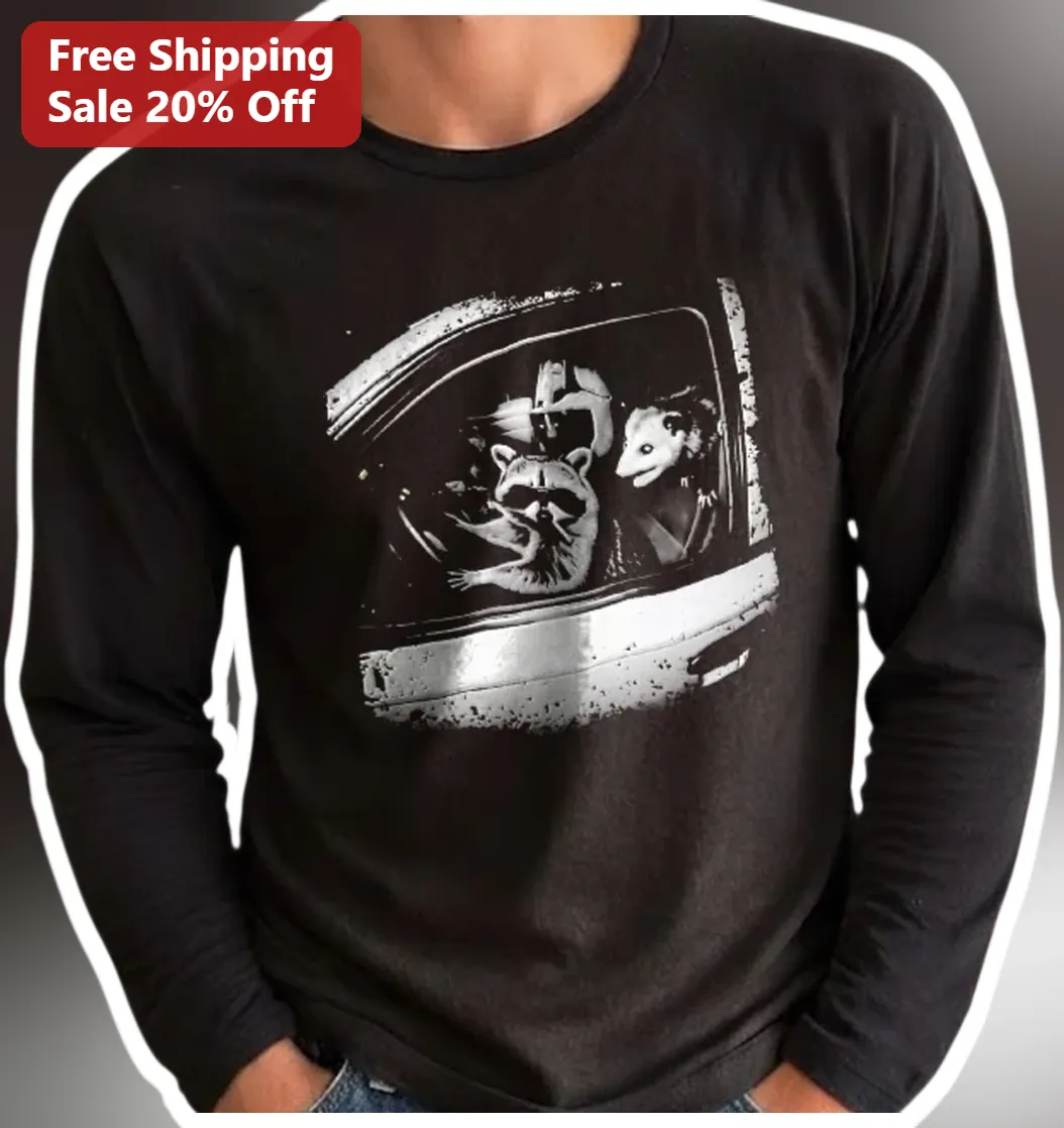Raccoon and Opossum Driving Car Long Sleeve Tee Funny Trash — Los Angeles Raccoon and Opossum Driving Car Long Sleeve Tee Funny Trash Panda Road Trip Gift available at our Los Angeles warehouse