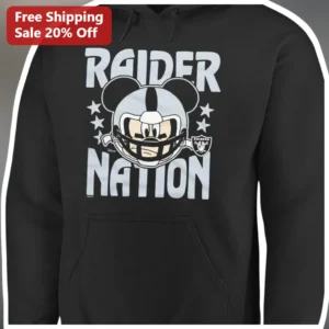 Raider Nation Mickey Mouse Las Vegas Raiders Hoodie Black Pullover Fan Gear available at our Los Angeles warehouse
