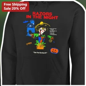Razors in the Night Horror Scarecrow Hoodie Vintage Halloween Graphic Pullover for Men Women available at our Los Angeles warehouse