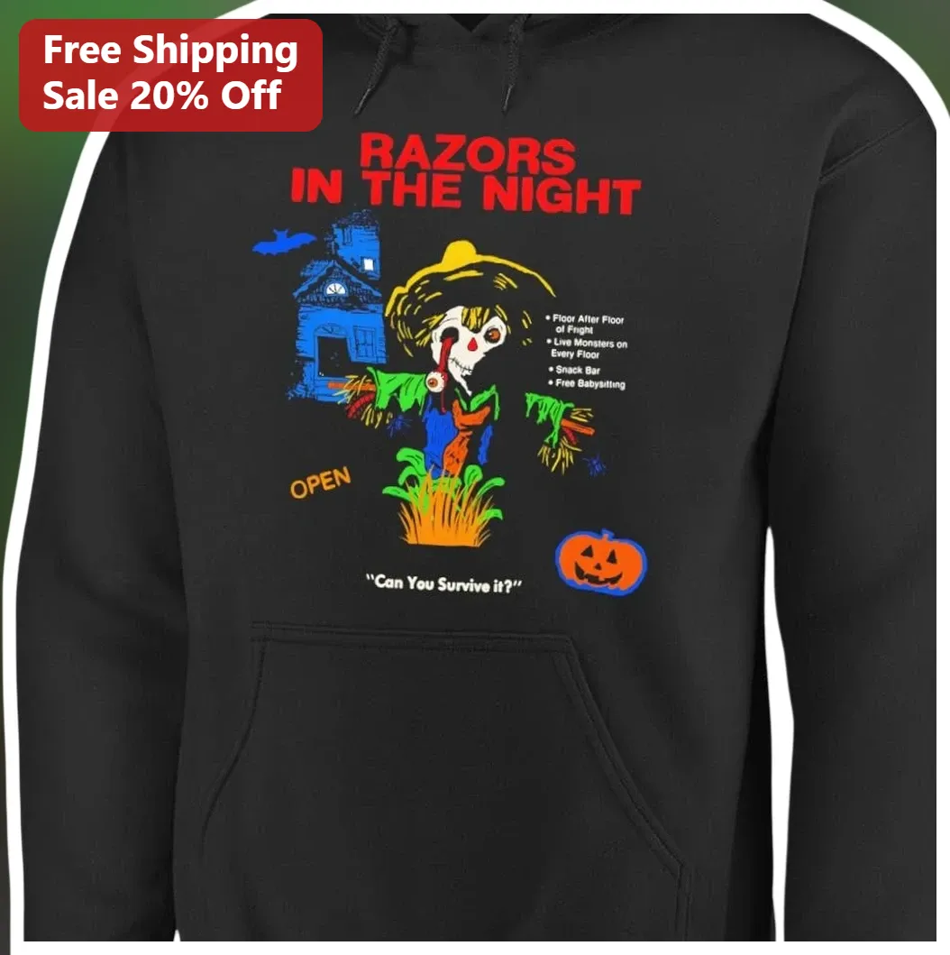 Razors in the Night Horror Scarecrow Hoodie Vintage Hallowee — Los Angeles Razors in the Night Horror Scarecrow Hoodie Vintage Halloween Graphic Pullover for Men Women available at our Los Angeles warehouse