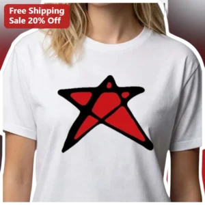 Red and Black Abstract Star Graphic Tee Modern Geometric Design for Women Men available at our Los Angeles warehouse
