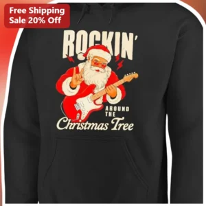 Rockin' Around The Christmas Tree Hoodie Vintage Rockabilly Santa Claus Graphic Pullover available at our Los Angeles warehouse