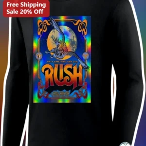 Rush Fifty Something Tour 2026 Long Sleeve Shirt Holographic Owl Graphic Classic Rock Band Merch available at our Los Angeles warehouse