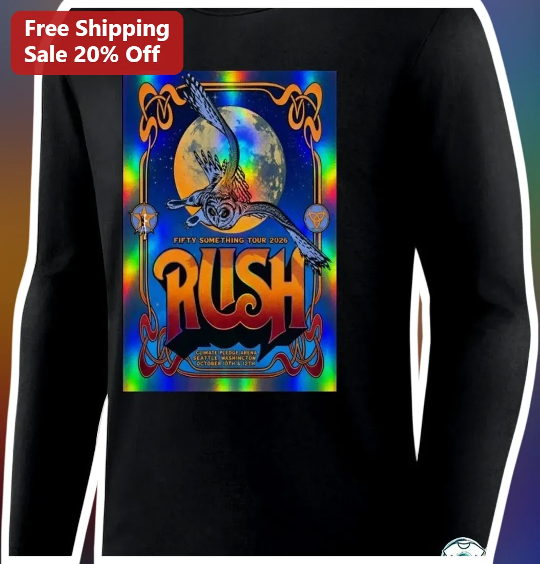 Rush Fifty Something Tour 2026 Long Sleeve Shirt Holographic — Los Angeles Rush Fifty Something Tour 2026 Long Sleeve Shirt Holographic Owl Graphic Classic Rock Band Merch available at our Los Angeles warehouse