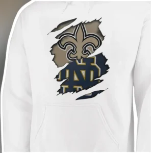 Saints Notre Dame Torn Paper Logo Hoodie New Orleans Saints Fighting Irish Fan Gear available at our Los Angeles warehouse