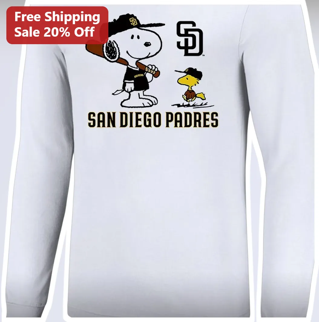 San Diego Padres Snoopy Long Sleeve Shirt Friar Faithful Peanuts Baseball Fan Apparel available at our Los Angeles warehouse