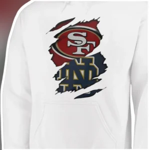 San Francisco 49ers Notre Dame Torn Effect Hoodie Vintage Distressed NFL College Football Mashup App available at our Los Angeles warehouse