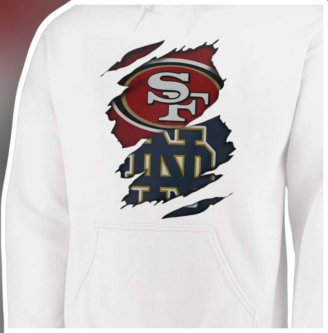 San Francisco 49ers Notre Dame Torn Effect Hoodie Vintage Di — Los Angeles San Francisco 49ers Notre Dame Torn Effect Hoodie Vintage Distressed NFL College Football Mashup App available at our Los Angeles warehouse