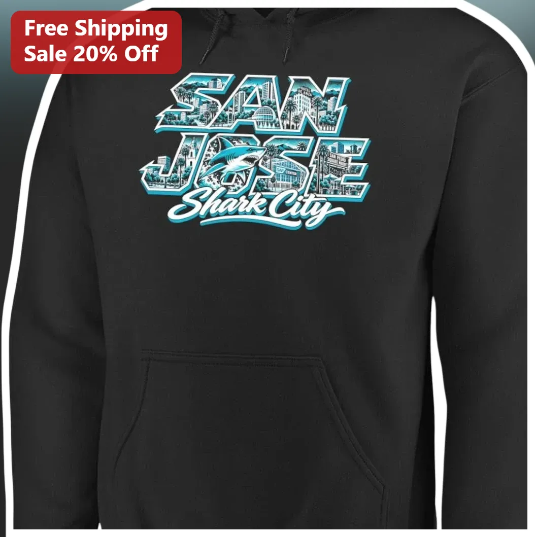 San Jose Shark City Hoodie Retro Travel Poster Graphic Pullover for Hockey Fans available at our Los Angeles warehouse