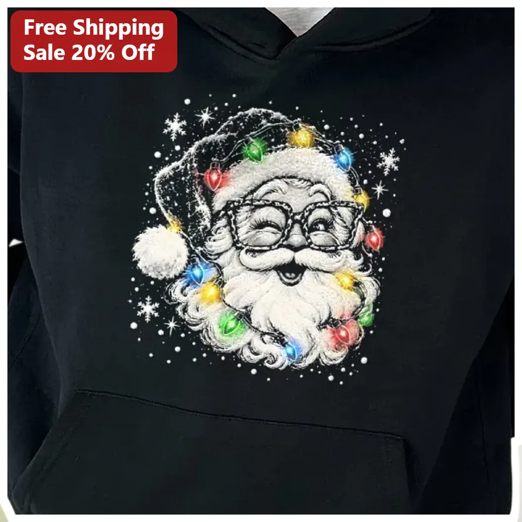 Santa Claus Hoodie Christmas Lights Beard Design Festive Holiday Sweatshirt Gift for Men Women available at our Los Angeles warehouse