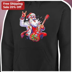 Santa Claus Hoodie Rock Star Electric Guitar Christmas Gift for Men Women available at our Los Angeles warehouse