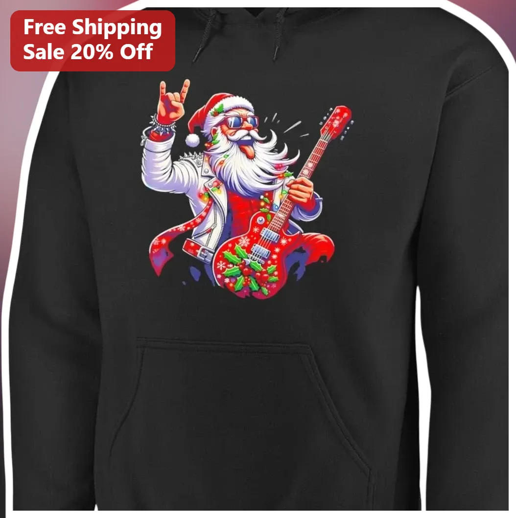 Santa Claus Hoodie Rock Star Electric Guitar Christmas Gift for Men Women available at our Los Angeles warehouse