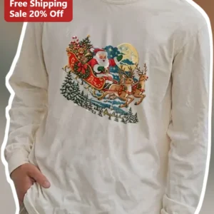 Santa Claus Long Sleeve Tee Vintage Reindeer Sleigh Christmas Holiday Gift available at our Los Angeles warehouse