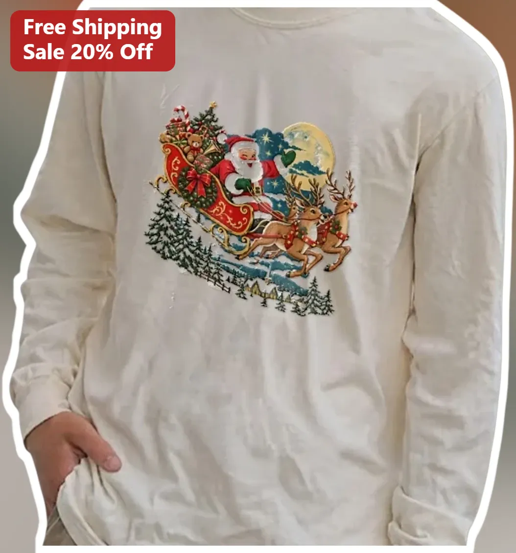 Santa Claus Long Sleeve Tee Vintage Reindeer Sleigh Christmas Holiday Gift available at our Los Angeles warehouse