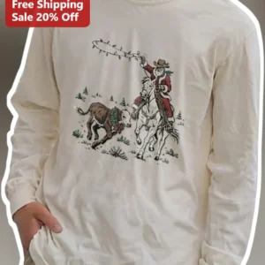 Santa Claus Long Sleeve Tee Western Cowboy Christmas Rodeo Gift available at our Los Angeles warehouse