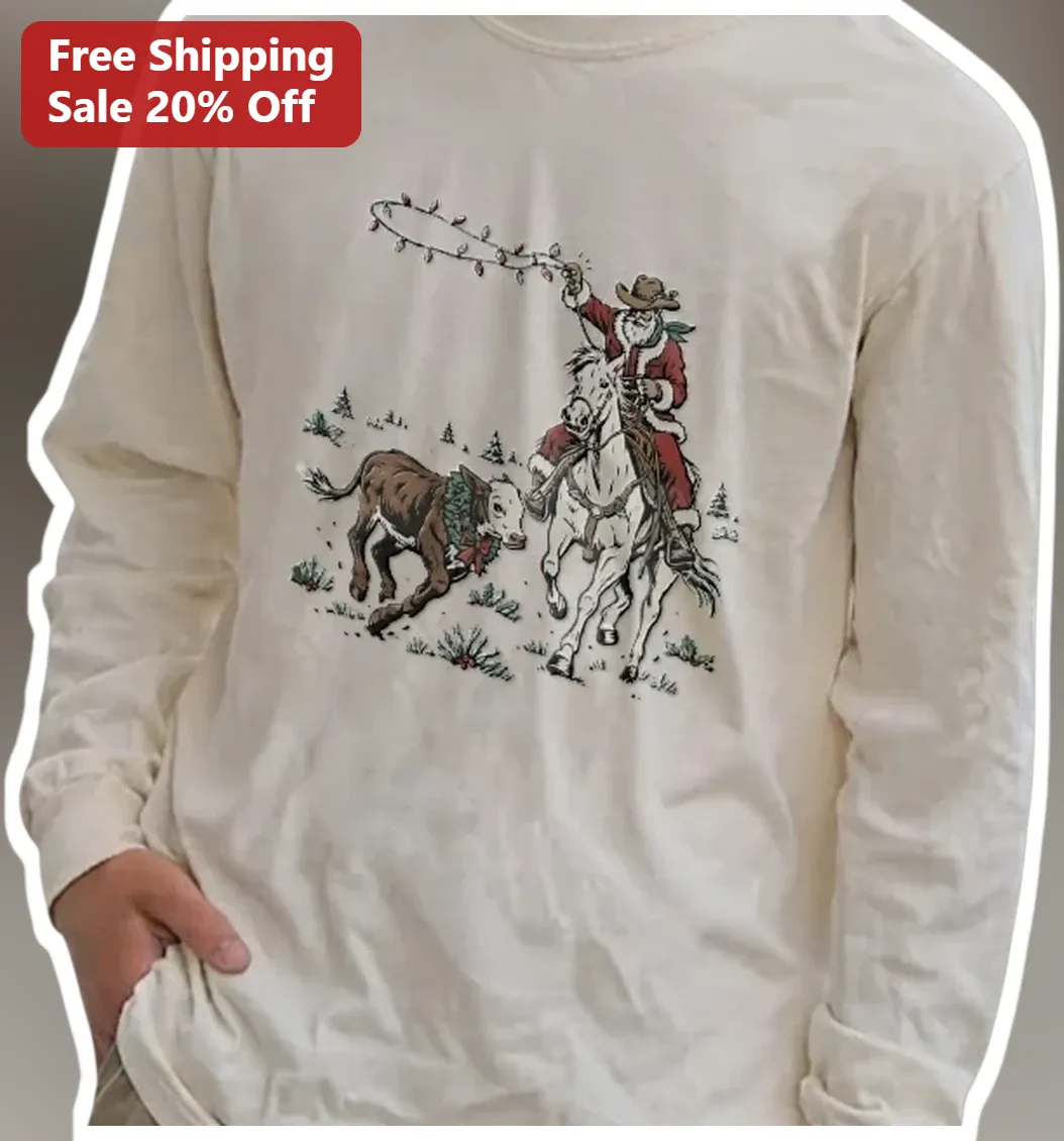 Santa Claus Long Sleeve Tee Western Cowboy Christmas Rodeo Gift available at our Los Angeles warehouse